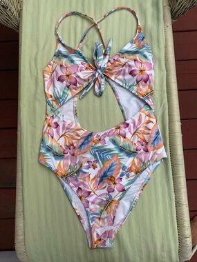 Hurley Floral Cutout One-Piece Swimsuit - Pink & Orange